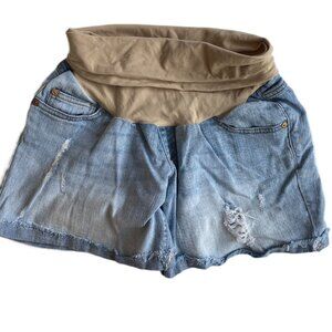 Denim Maternity Short Light Wash Belly Panel Waist Raw Cut Hem Cuffed, Medium